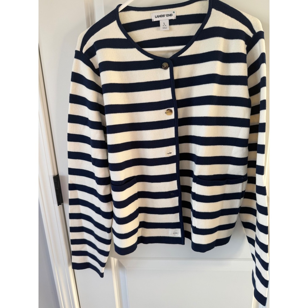 Lands End Womens Navy Cream Striped Button Front Cardigan Sweater Large 14-16